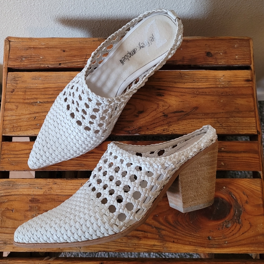 Jeffrey Campbell Leone Woven Block Heel Booties Shoes Basket Weave White Wooden